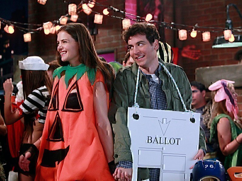 "The Slutty Pumpkin Returns" -- Ted (Josh Radnor) and Naomi (Katie Holmes) revisit the rooftop Halloween party where they first met on HOW I MET YOUR MOTHER, Monday, Oct. 31 (8:00 - 8:30 PM, ET/PT) on the CBS Television Network.    Photo: Monty Brinton/CBS  √?¬© 2011 CBS Broadcasting, Inc. All Rights Reserved.