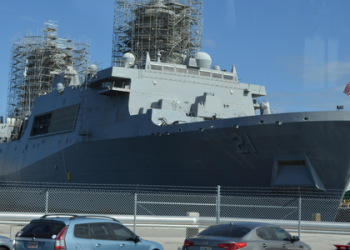 A military ship that has just been docked.