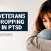 Graphic with bold text reading 'WHY VETERANS ARE DROPPING THE D IN PTSD' and a sad woman sitting with knees drawn up to the right.