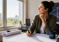 Woman architect at a sunlit desk by a window, drawing on architectural blueprints with a pen; mug reads 'MILITARY SPOUSE'.