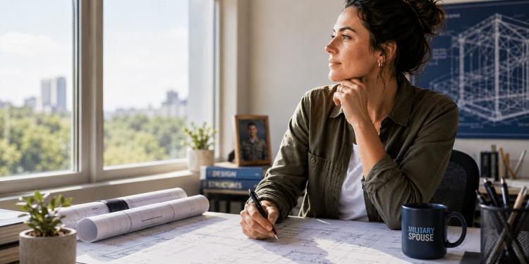 Woman architect at a sunlit desk by a window, drawing on architectural blueprints with a pen; mug reads 'MILITARY SPOUSE'.